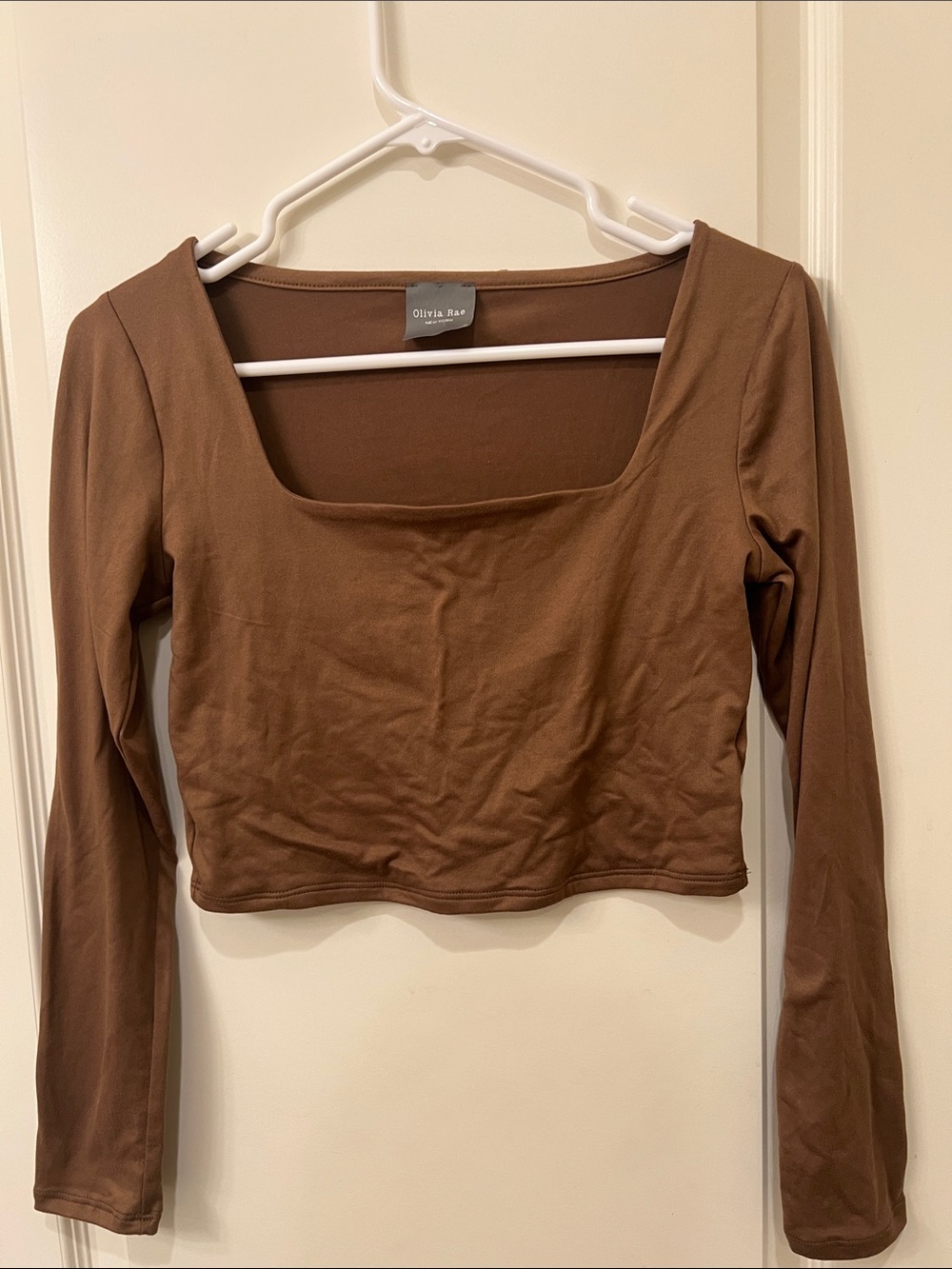Olivia Rae Brown Square-Neck Long Sleeve Crop Top